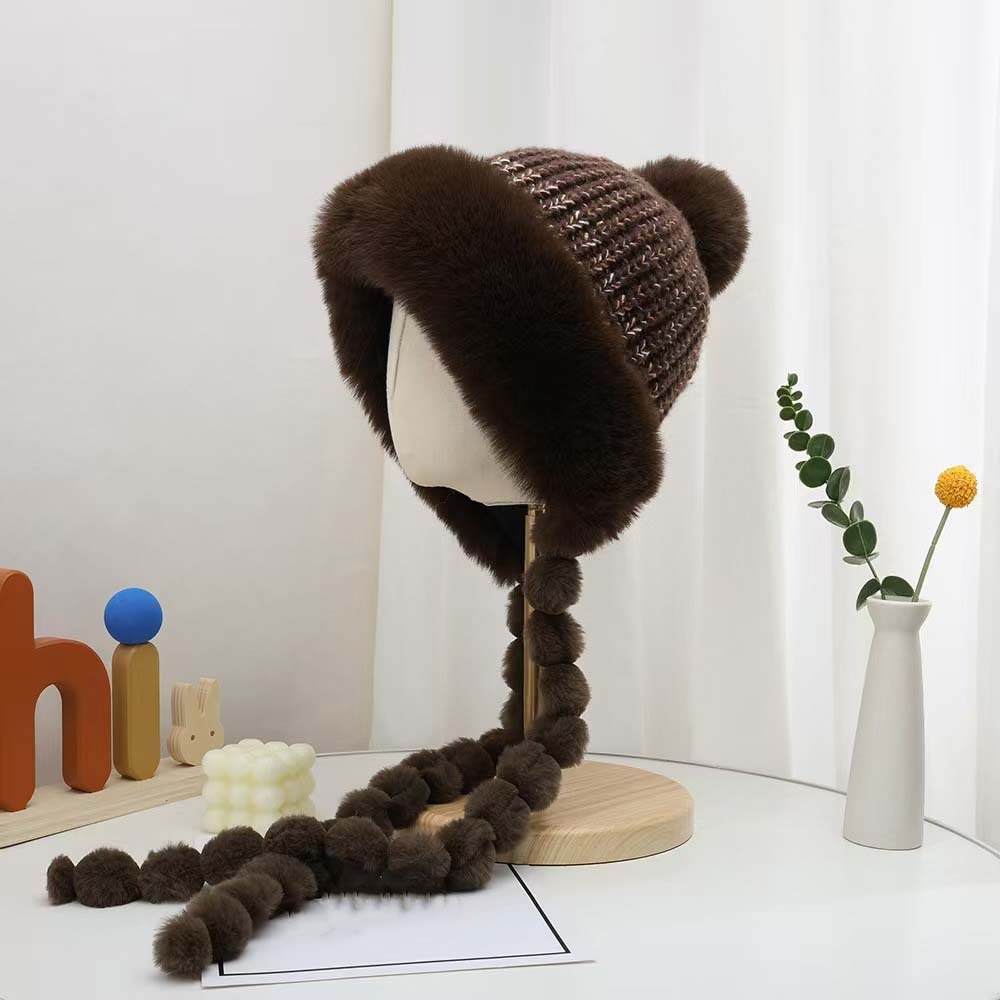 Winter Trapper Hat - Fleece Lined Pompom Braids Hat Fur