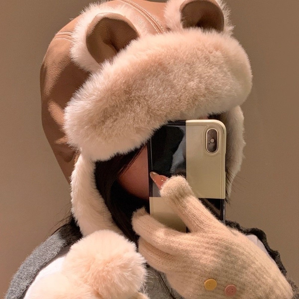 Cozy Faux Leather Bear Ear Tra - Trapper Hat Ear Flap ulasan dan harga