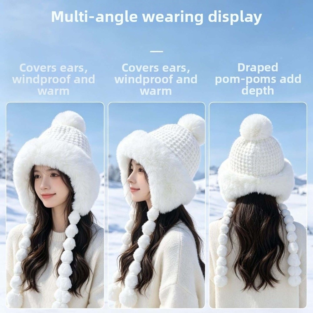 Fleece Lined Pompom Braids Hat - Winter Trapper Hat ulasan dan harga